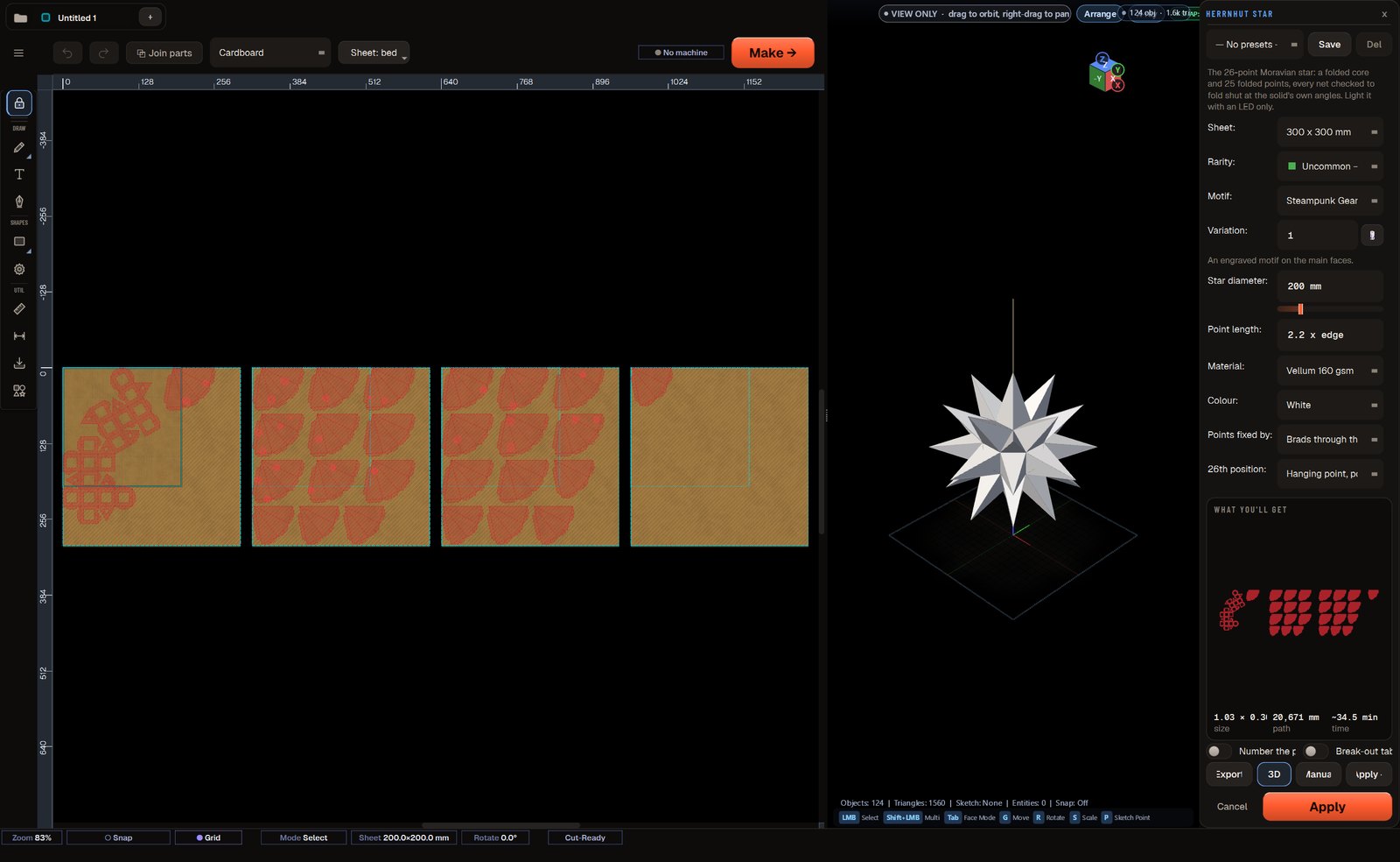 AxisGlam with a Herrnhut star: its nets on four sheets, the star in 3D beside them, and its settings on the right