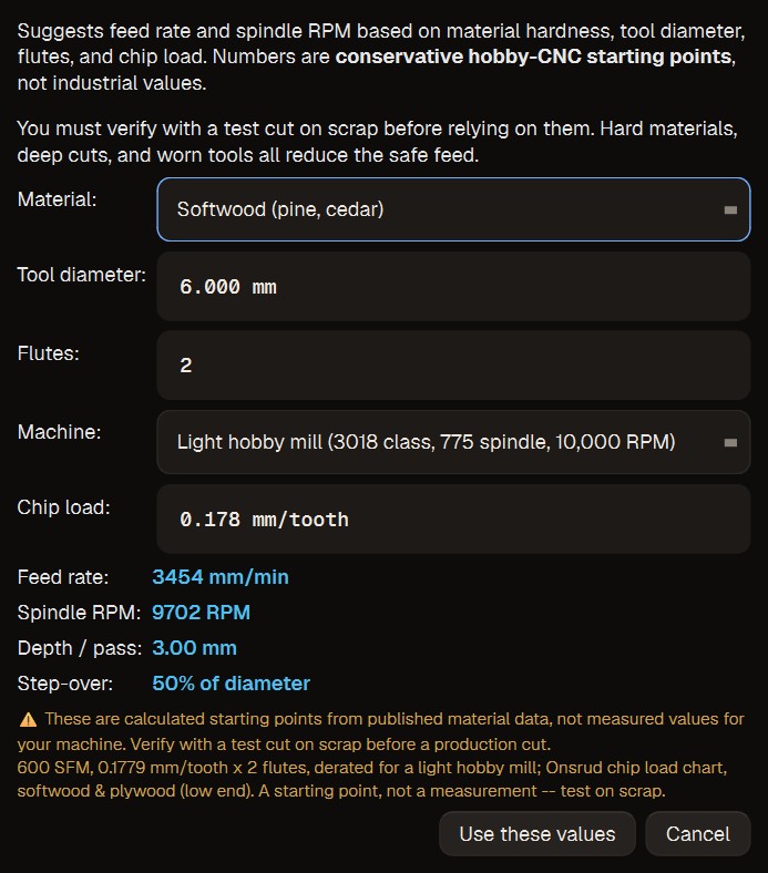 The Feeds & Speeds calculator: softwood, a 6 mm two-flute cutter on a light hobby mill