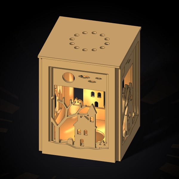 A wooden lantern with a lit winter scene