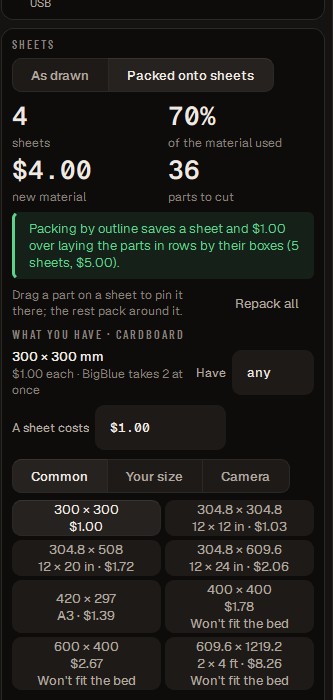 Packing parts onto sheets: sheets, material used, cost and the saving