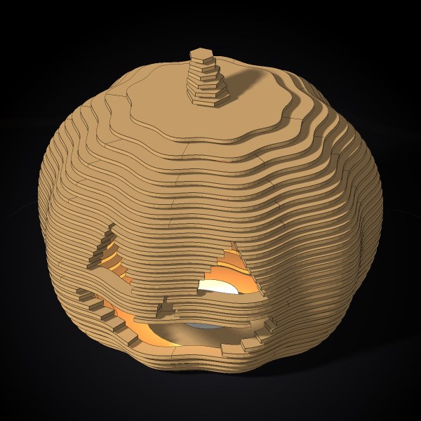 A ray-traced jack-o'-lantern, its candle lighting the carved face from inside