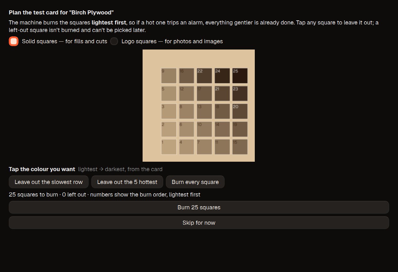 Test & Tune: a grid of 25 test squares planned for birch plywood, lightest first