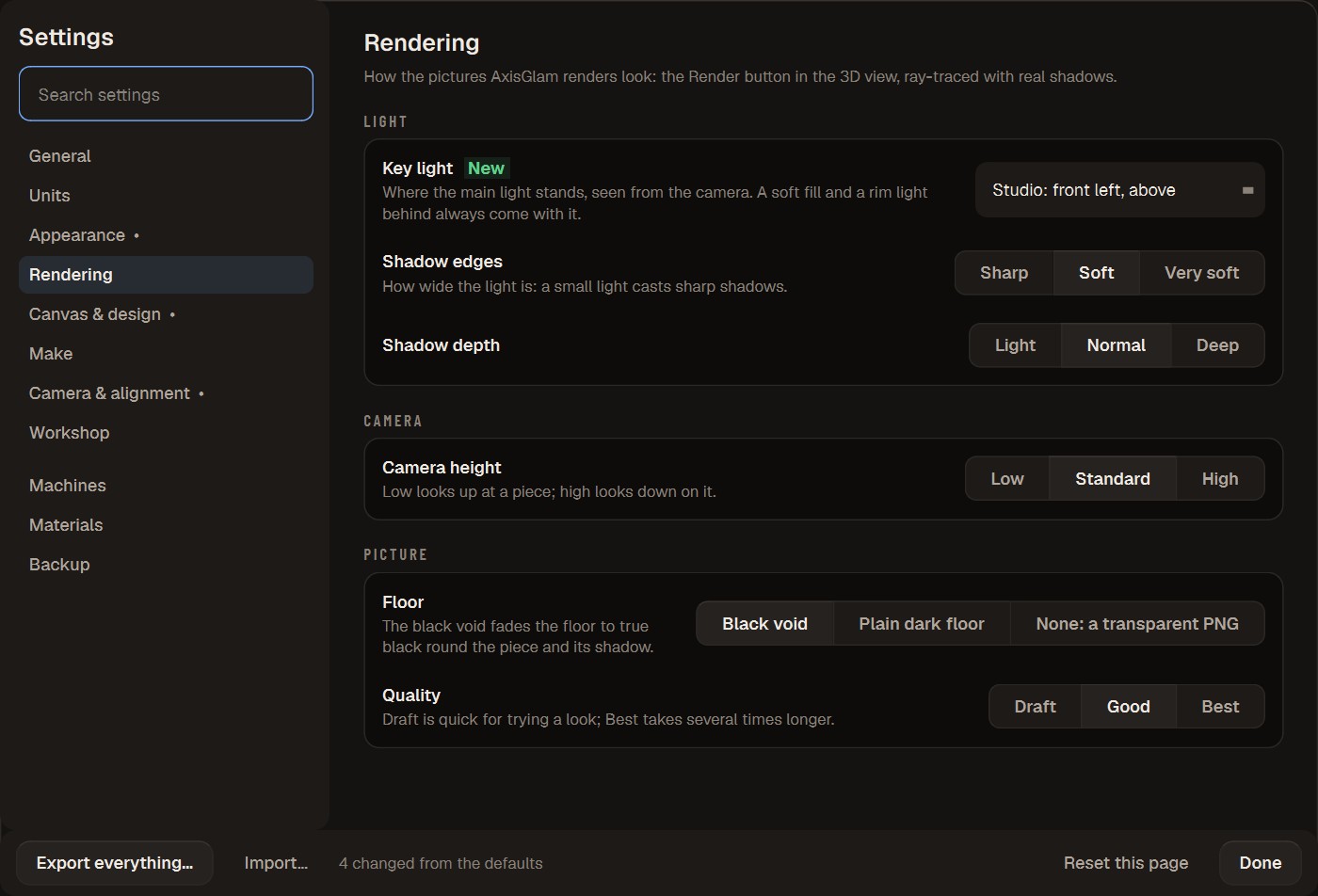 Settings, Rendering: key light, shadow edges and depth, camera height, floor and quality